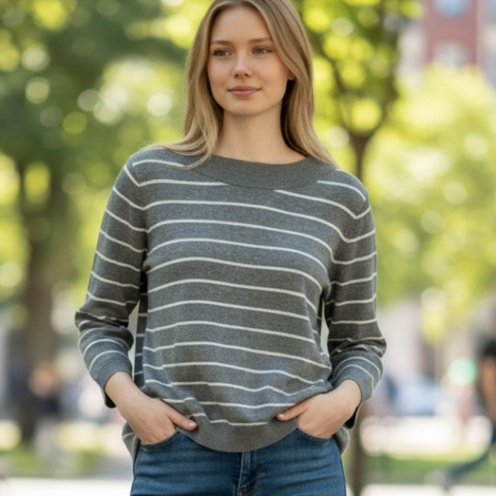 Talbots Gray Striped Crew Neck Sweater